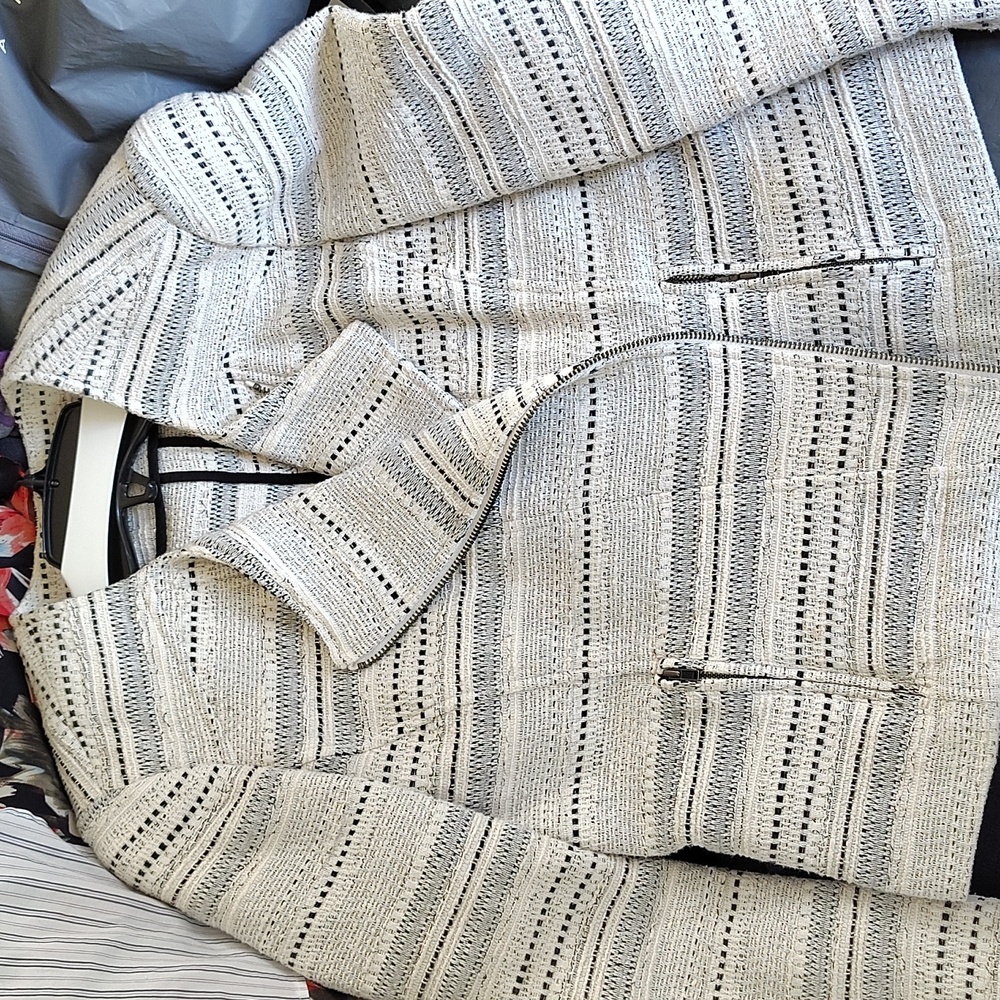 LOFT Black and White Blazer with Textured Woven Design
